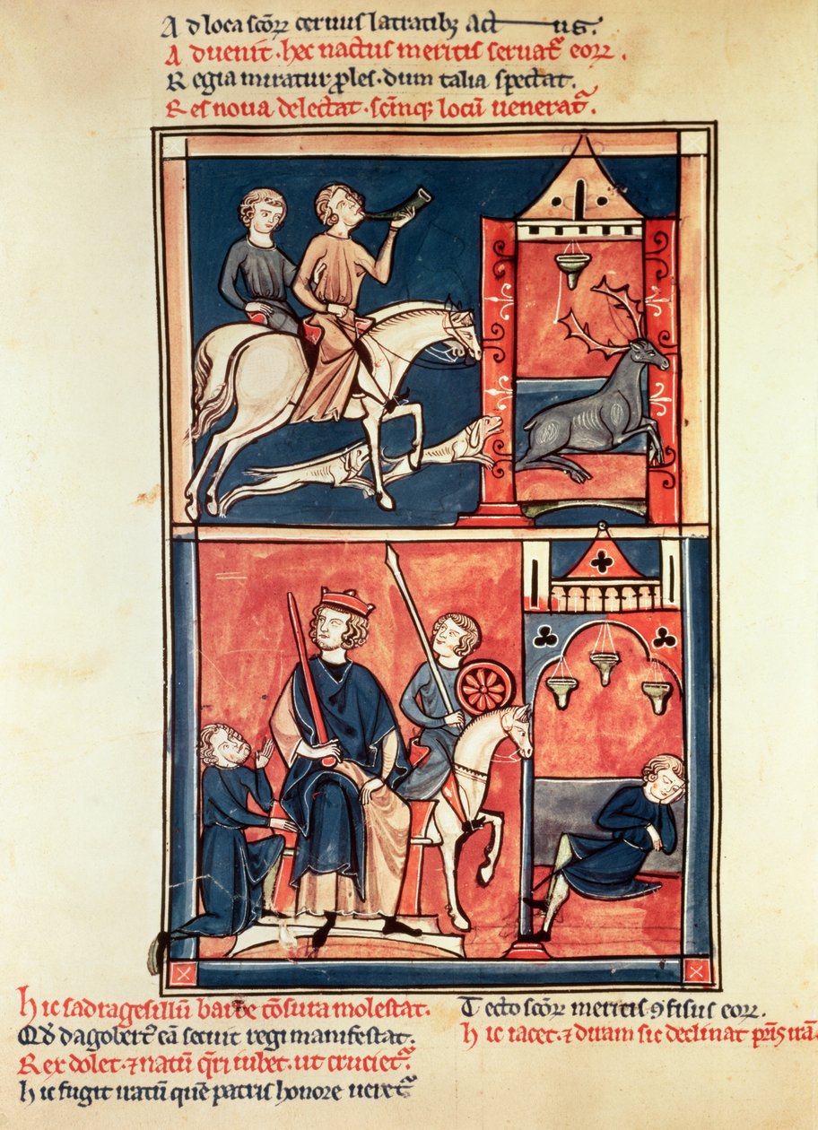 Sra. Pe 1098 Uma caçada e um rei, possivelmente Dagobert I (632-39) em seu trono, da Vida e Milagres de St. Denis de French School