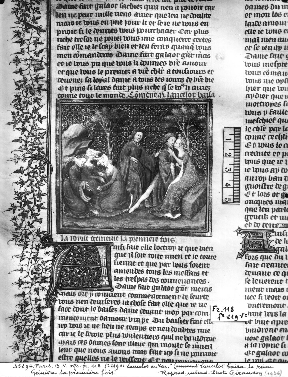 Sra. Fr 118 fol.219v Como Lancelot beijou Guinevere pela primeira vez, do Livre de Messire Lancelot du Lac de French School