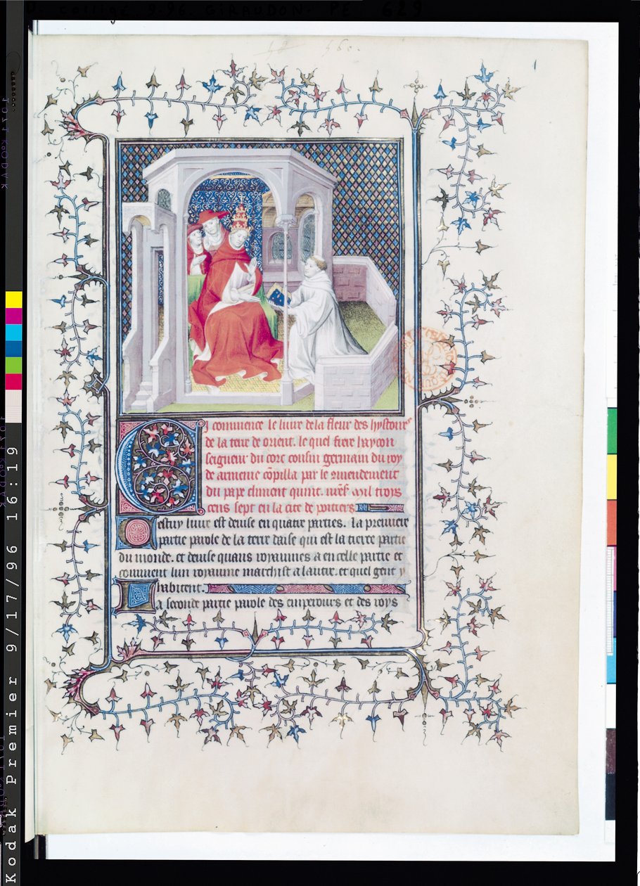 A Sra. Fr 12201 Fol.1 Hayton apresenta o seu trabalho ao Papa Clemente V (c.1260-1320) da Fleur des histoires de la terre d&39;Orient de Hayton (d.1271) 1402 de French School