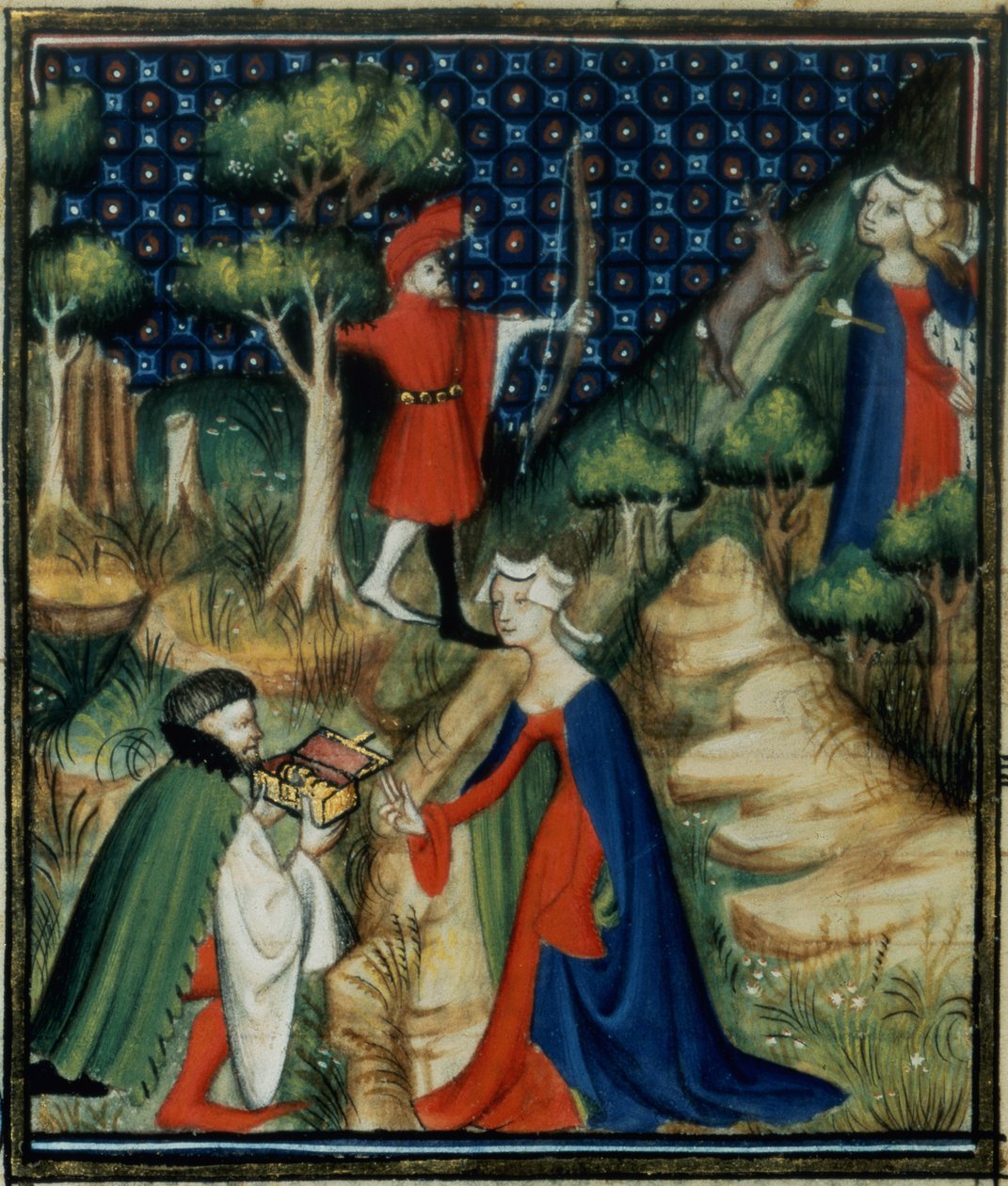 Sra. Fr 12420 fol.139v. A história de Procris, de `De Claris Mulieribus, dos trabalhos de Giovanni Boccaccio (1313-75) de French School