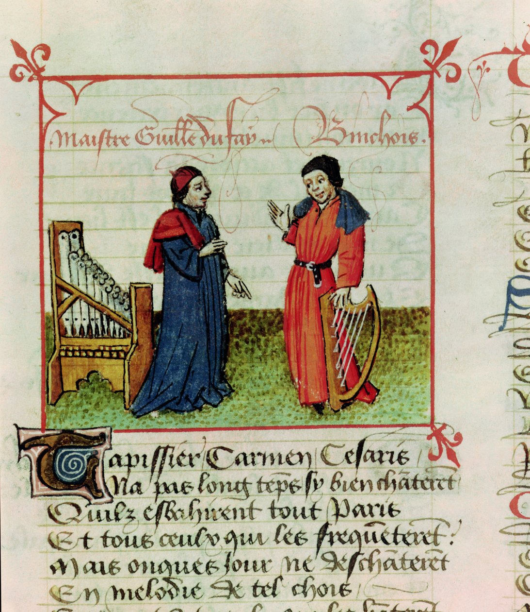 Pe. 12476 fol.98 Guillaume Dufay (d.1474) e Gilles Binchois (d.1460) de O Campeão das Damas de Martin le Franc (1410-61) 1440 de French School