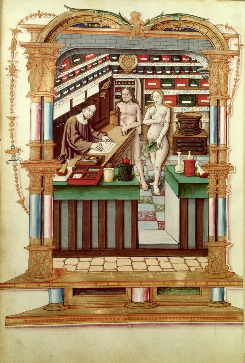 Senhor Pe. 1537 Cristo, o Farmacêutico com Adão e Eva, das Canções Reais sobre a Concepção Coroada de Puy de Rouen de French School