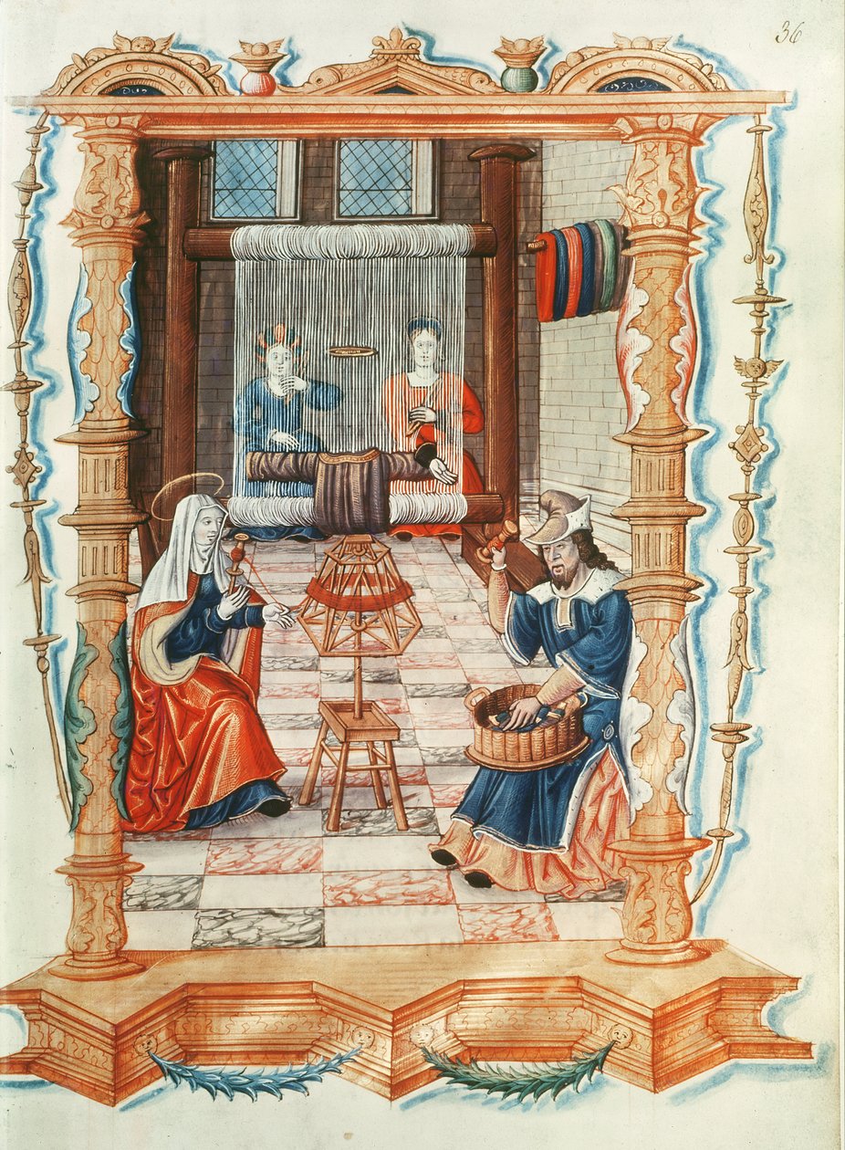 Senhora Pe. 1537 Fol.36 A Virgem Maria tecendo em uma oficina, de Canções Reais na Concepção Coroada de Puy de Rouen de French School