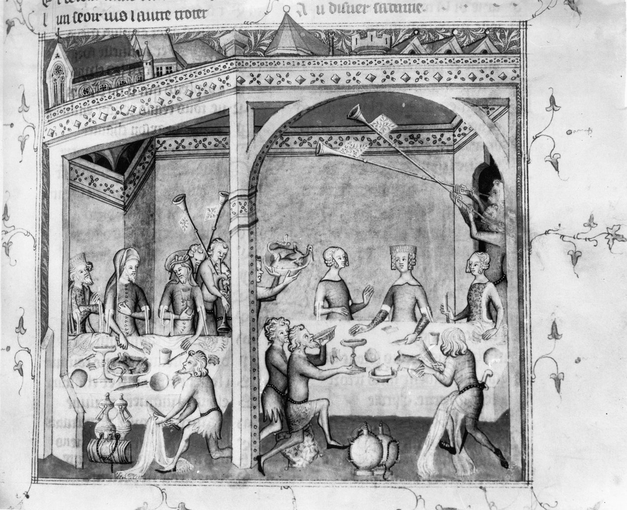 Sra. Fr 1584 Músicos entretendo em um banquete, c.1370 (manuscrito) de French School