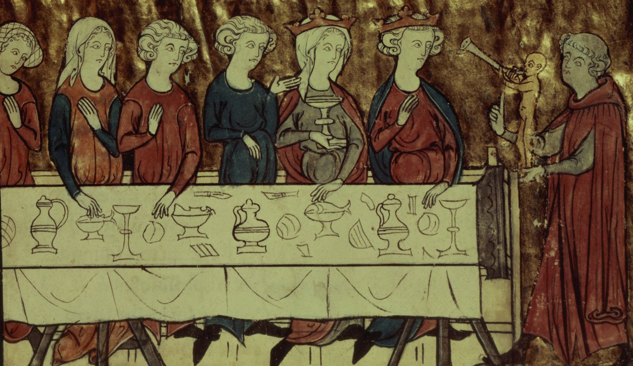 Sra. 1633 f.4 A festa de aniversário de Nubien, rei da Armênia, de Le Conte de Meliacin por Girardin d&39;Amiens de French School