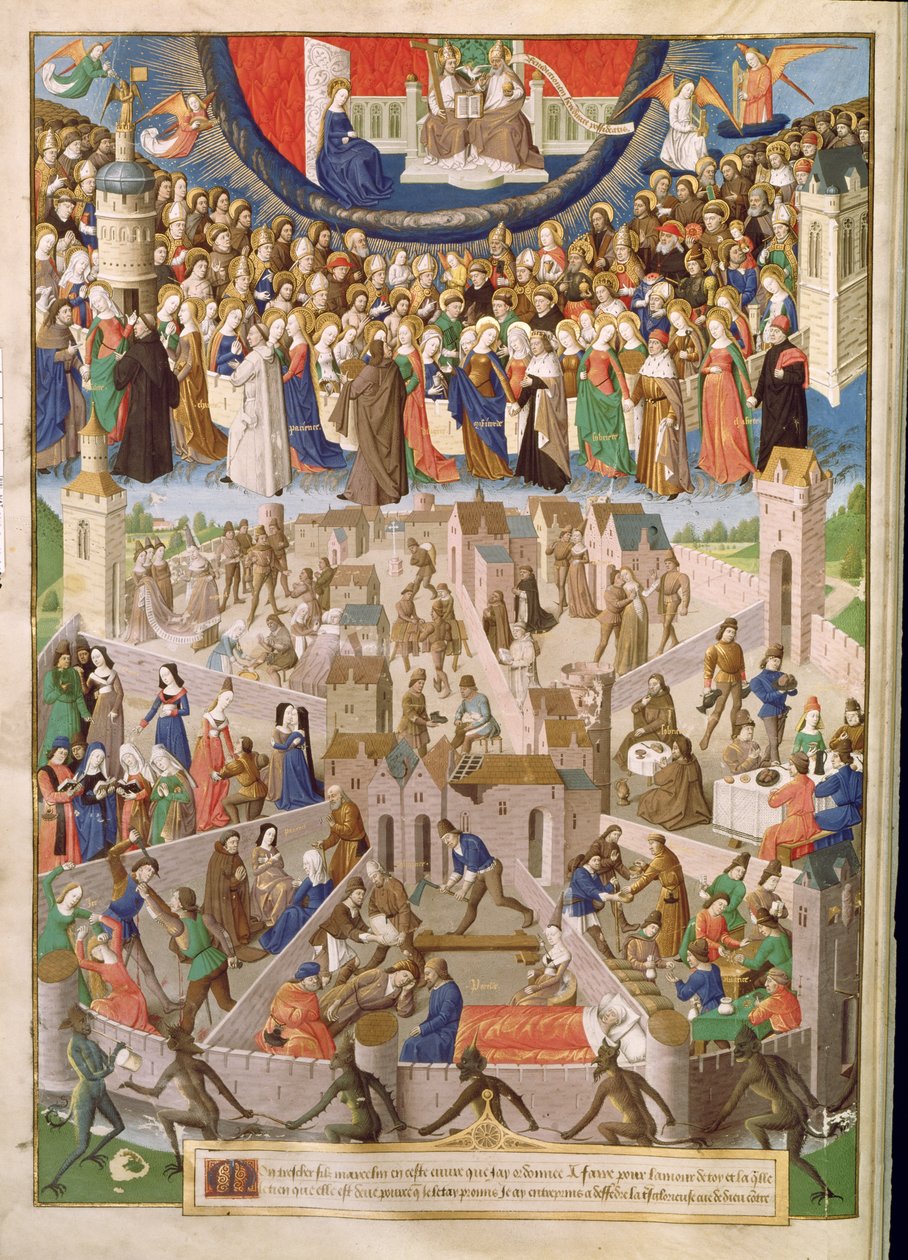 Fr. 18 Fol.3v A Cidade de Deus, de uma tradução das obras de Santo Agostinho por Raoul de Presles, c.1469-73 de French School