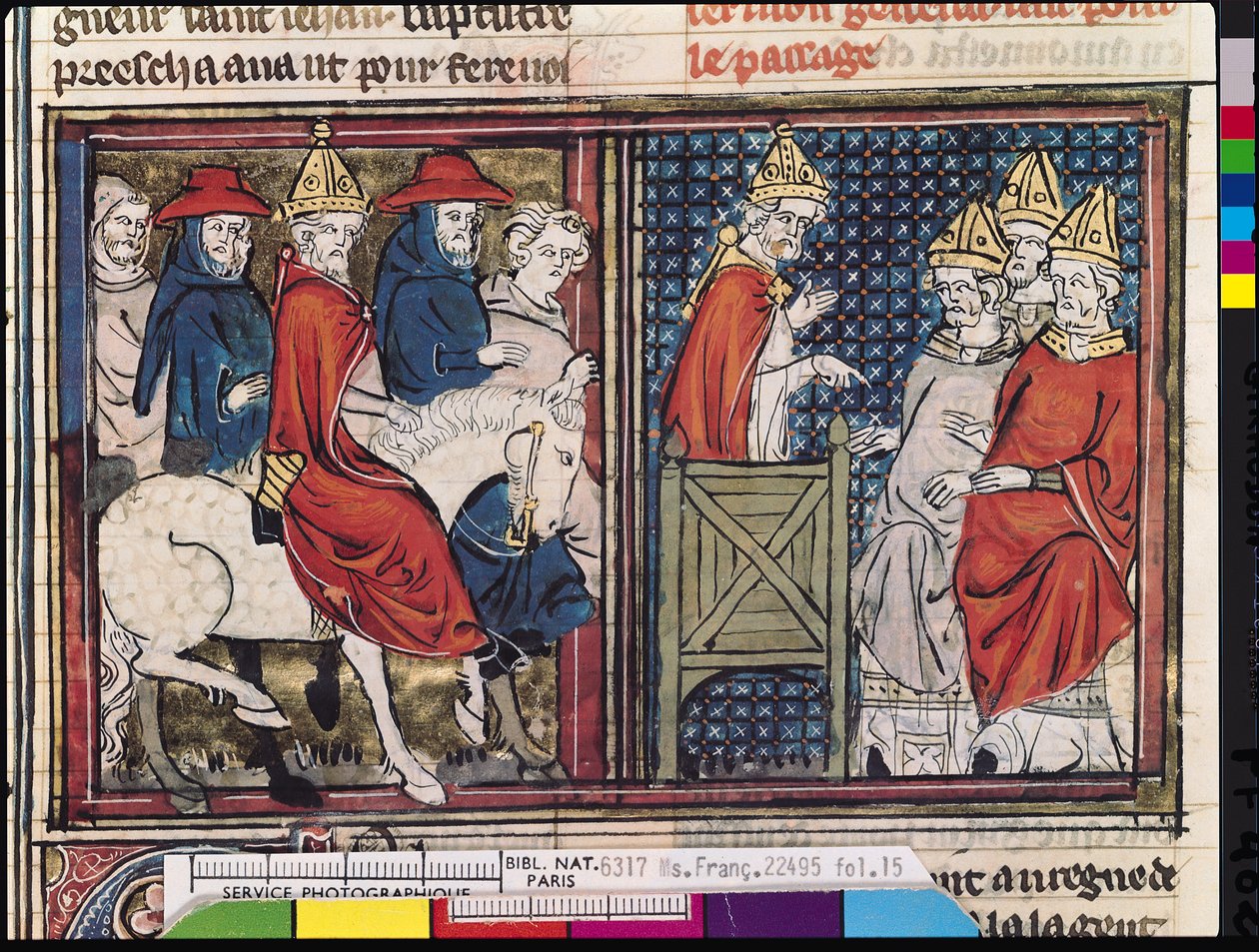 Pe. 22495 Fol.15 O Concílio de Clermont e A Chegada do Papa Urbano II (c.1035-99) na França, de Le Roman de Godefroi de Bouillon, 1337 de French School