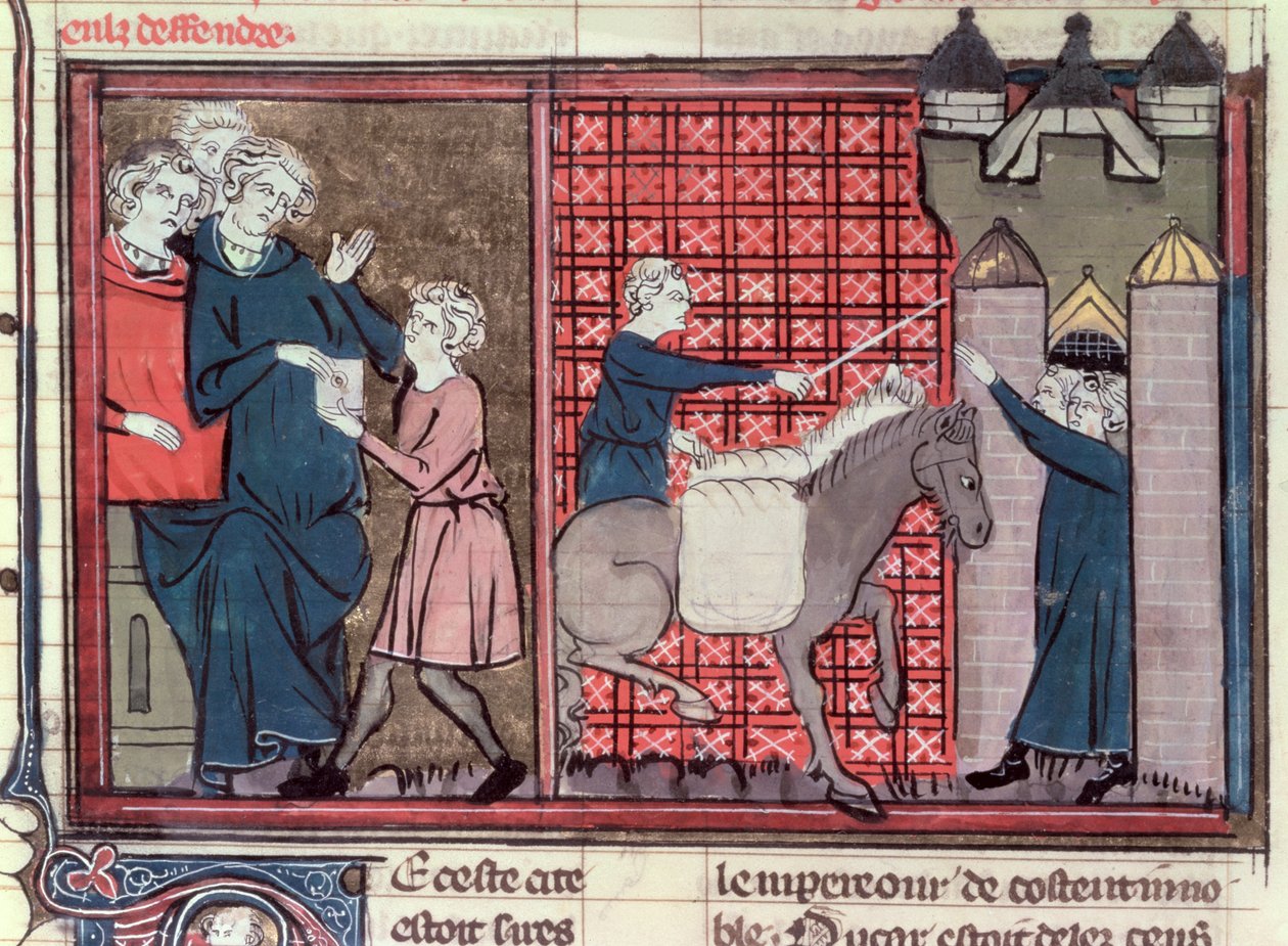 Sra. Fr 22495 Fol.37v Mensageiro sendo enviado para salvar Antioquia, de Le Roman de Godefroi de Bouillon, 1337 de French School
