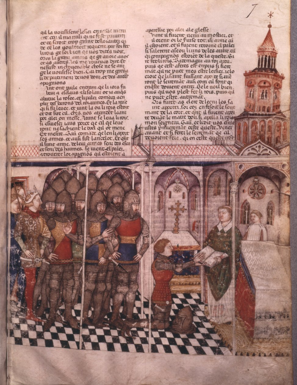 Sra. Fr 343 fol. 7 A busca pelo Santo Graal e Arthurs morte, cavaleiro fazendo o juramento de French School