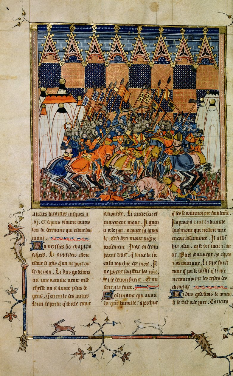 Sra. 352 fol. 49v Cena de batalha, da biografia de Godefroi de Bouillon, Uma história dos santos ocidentais de French School
