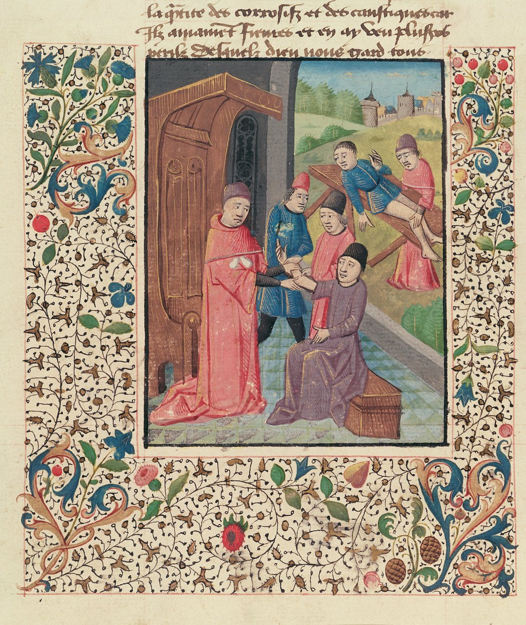 Sra. Fr 396 fol.80v Um médico tratando fraturas, de La Grande Chirurgie por Guy de Chauliac de French School