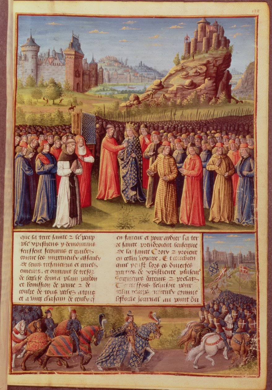 Fr. Pe 5594 f.138 São Bernardo (c.1090-1153) de Clairvaux pregando a Segunda Cruzada na presença do Rei Luís VII (c.1120-80) da França em Vezelay em 1146, de Passages faits Outremer escrita de French School