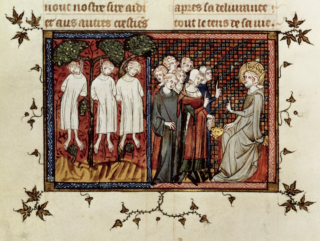 Sra. 5716 fol.246 St. Louis pronunciando o julgamento e condenando Enguerrand de Coucy (1228-1311) por enforcar três jovens nobres da Vida e Milagres de St. Louis, c.1330-40 de French School