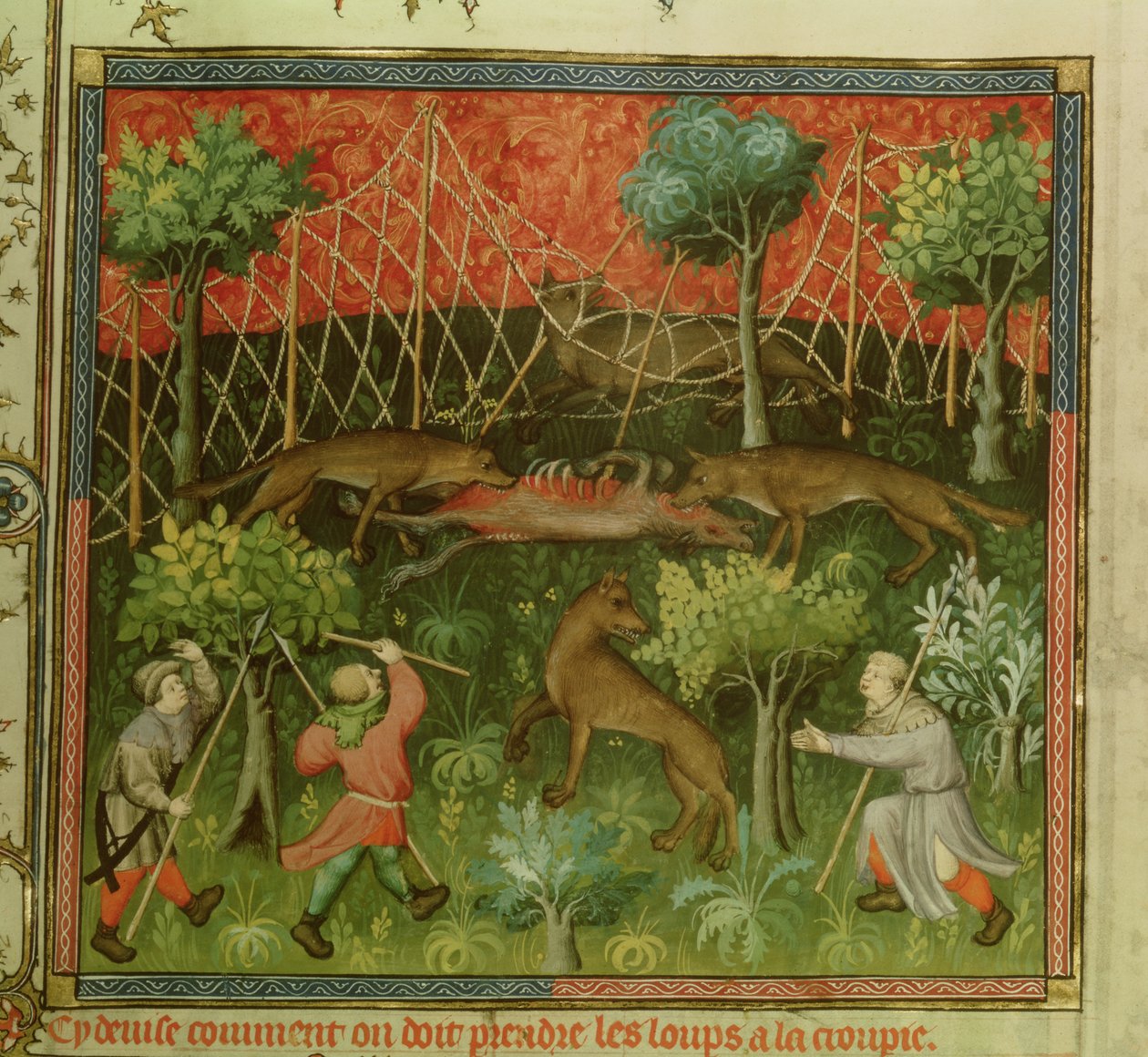 Pe. 616 fol.111 Wolf caça com a ajuda de redes, do Livre de la Chasse por Gaston Phebus de Foix (1331-1391) de French School