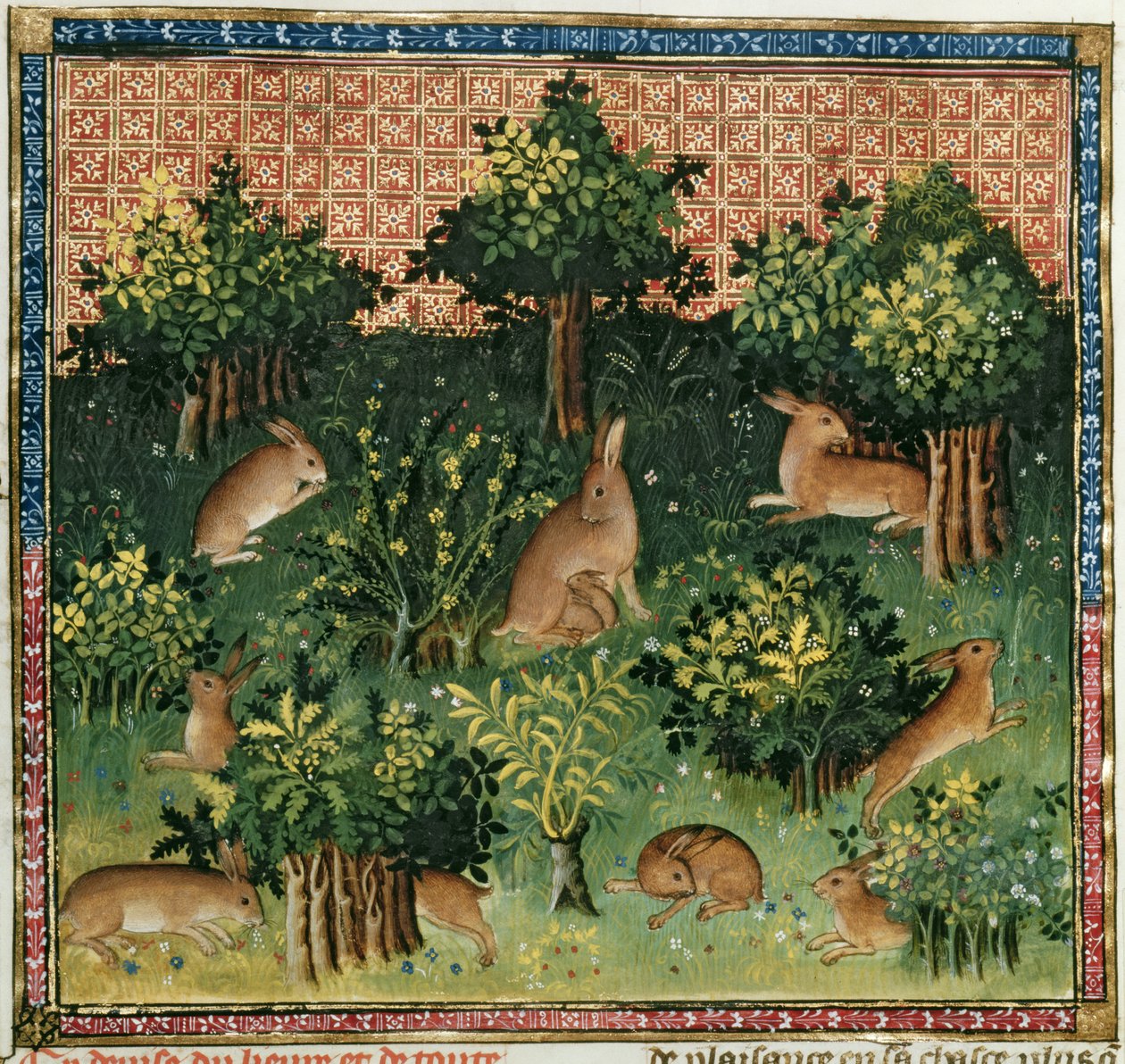 Fr. 616 fol.24v Hares in a Wood, do Livre de la Chasse de Gaston Phebus de Foix (1331-1391) de French School