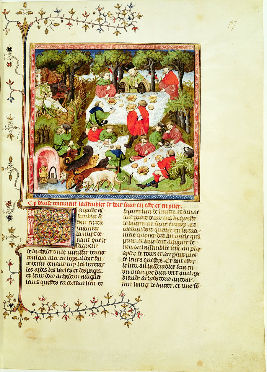 Sra. Fr 616 fol.67 Caçadores festejando antes da caçada, de Livre de la Chasse por Gaston Phebus de Foix (1331-1391) de French School