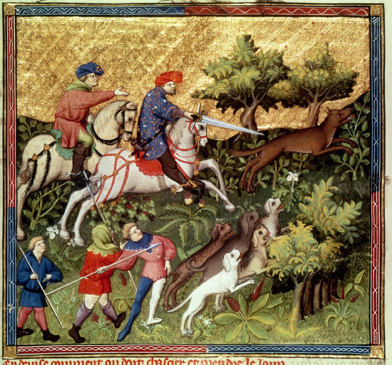 Fr. 616 fol.96v Wolf hunt, de um livro de Gaston Phebus de Foix (1331-1391) de French School