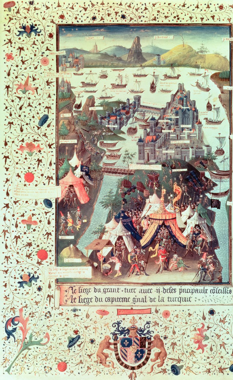 Sra. Fr 9087 f.207v O cerco de Constantinopla em 1453, de Le Voyage dOutremer por Bertrandon de la Broquiere, c.1450-75 de French School