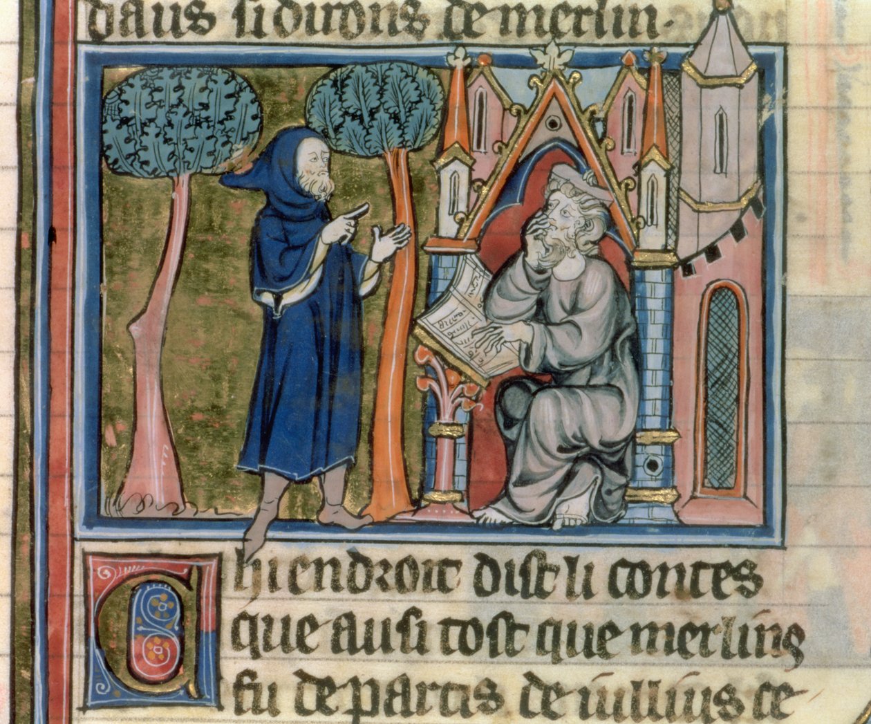 Sra. 95 f.268 Merlin dita a história para Blaise, de Histoire de Merlin, c.1280-90 de French School