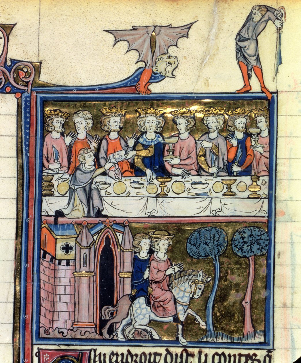 Sra. Fr 95 f.326 Rei Arthur e seus cavaleiros em volta da mesa, de Histoire de Merlin, c.1280-90 de French School