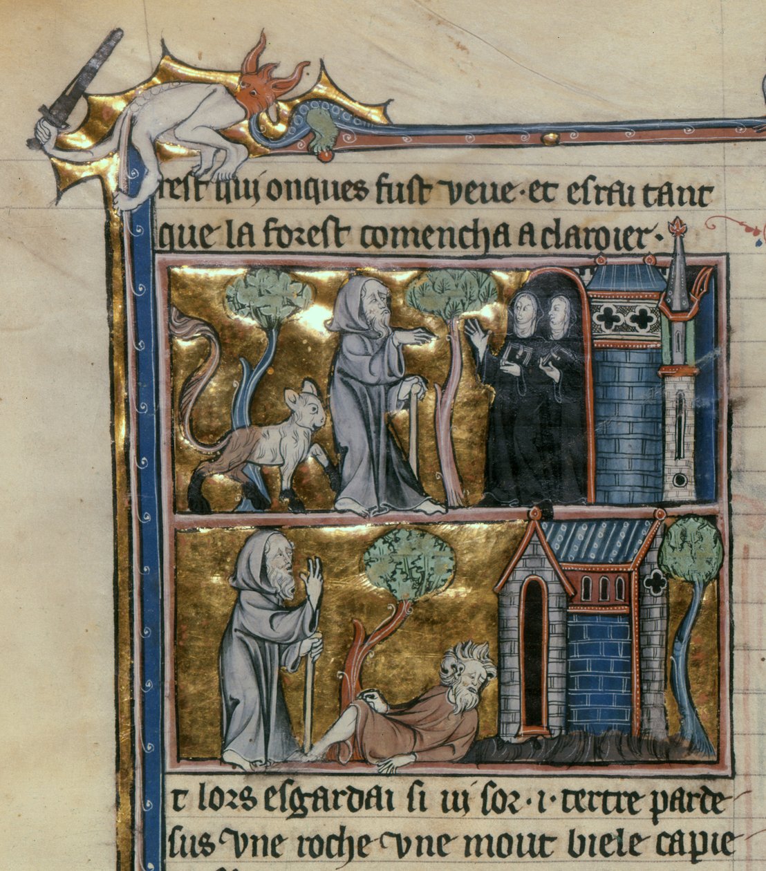 Fr. Pe. 95 f4v Eremita e besta, da História do Santo Graal, c.1280-90 de French School