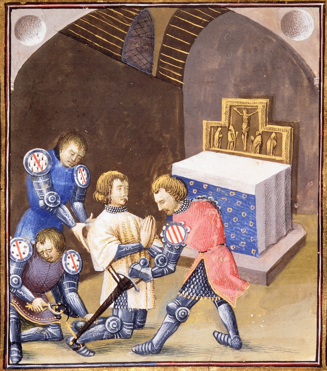 Ms. Fr 99 f.561 Galahad recebe uma espada e incita no ritual de cavalaria antes de partir para a Missão do Graal de French School