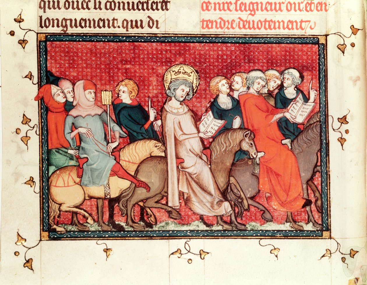 Sra. Fol.48 O rei ditou suas horas enquanto andava a cavalo, de Life and Miracles of St. Louis, c.1330-40 de French School