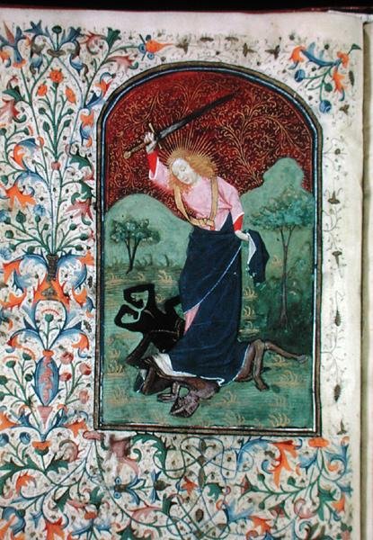 Gen 288 f.84v Wrestling with a beast, c.1460 (vellum) de French School
