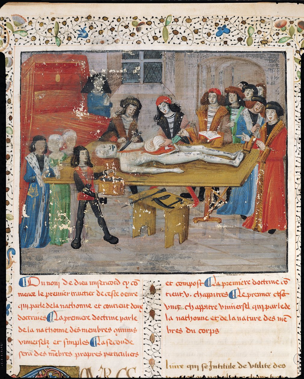Ms H 184 fol.14v Aula de dissecação na Faculdade de Medicina de Montpellier, de &39;La Grande Chirurgie&39; de Guy de Chauliac, 1363 de French School