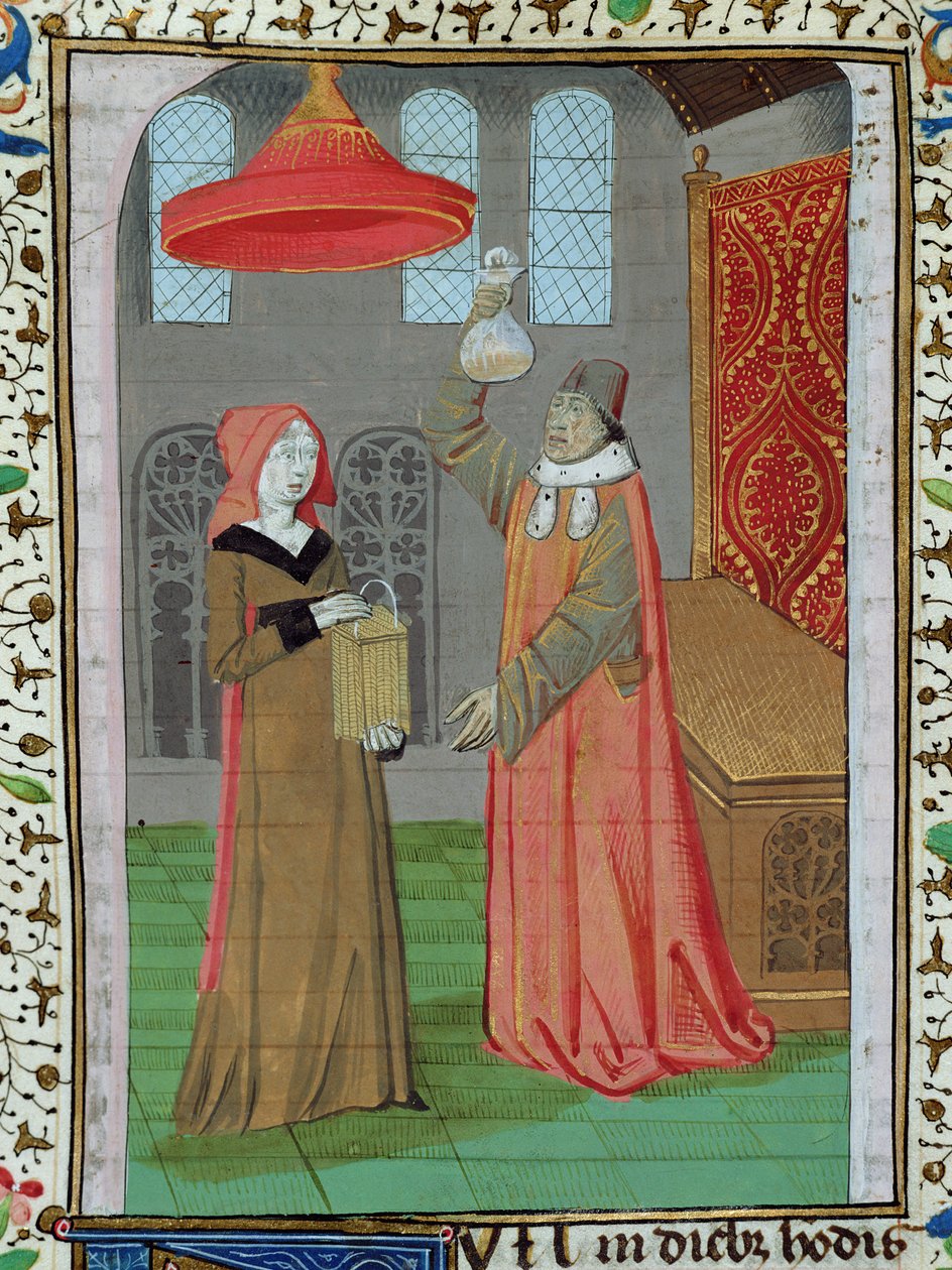 Ms H 7 fol.164r Um médico examinando a urina de St. Elizabeth para ver se ela está grávida, da Bíblia de Jean XXII de French School