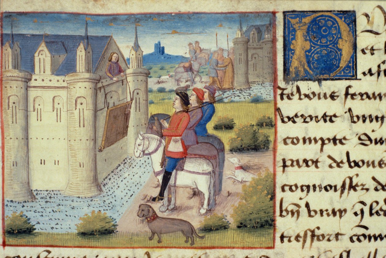 Ms Hunter 252 f.169v Moat em torno de uma cidade, de The Hundred News News, 1462 de French School