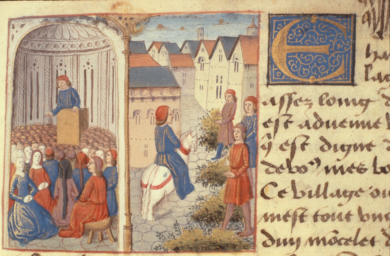 Ms Hunter 252 f.183r Palestra e Strewing corre nas ruas, de Les Cent Nouvelles Nouvelles, 1462 de French School