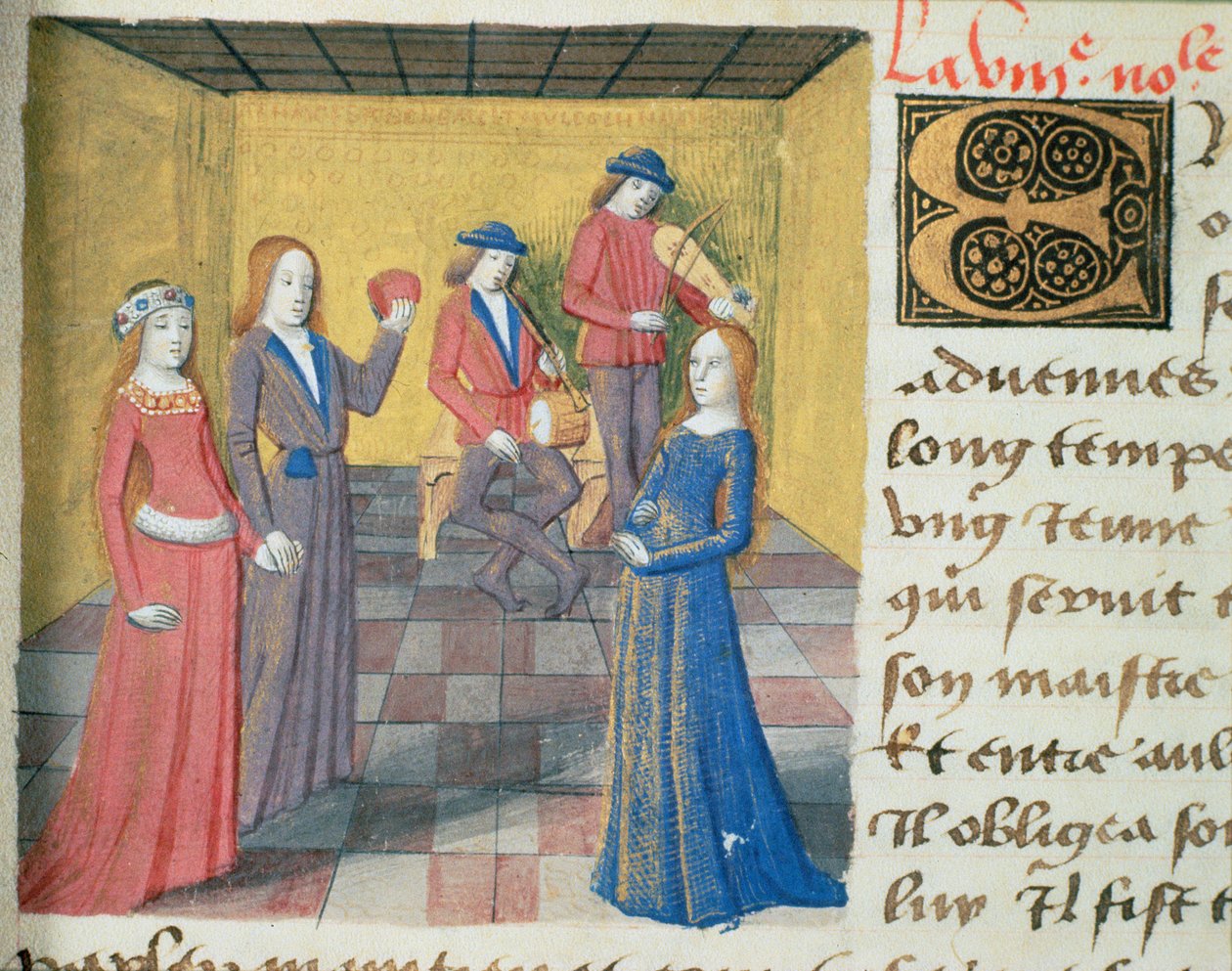 Ms Hunter 252 f.19r Música e Cortejo, da Hundred News News, 1462 de French School