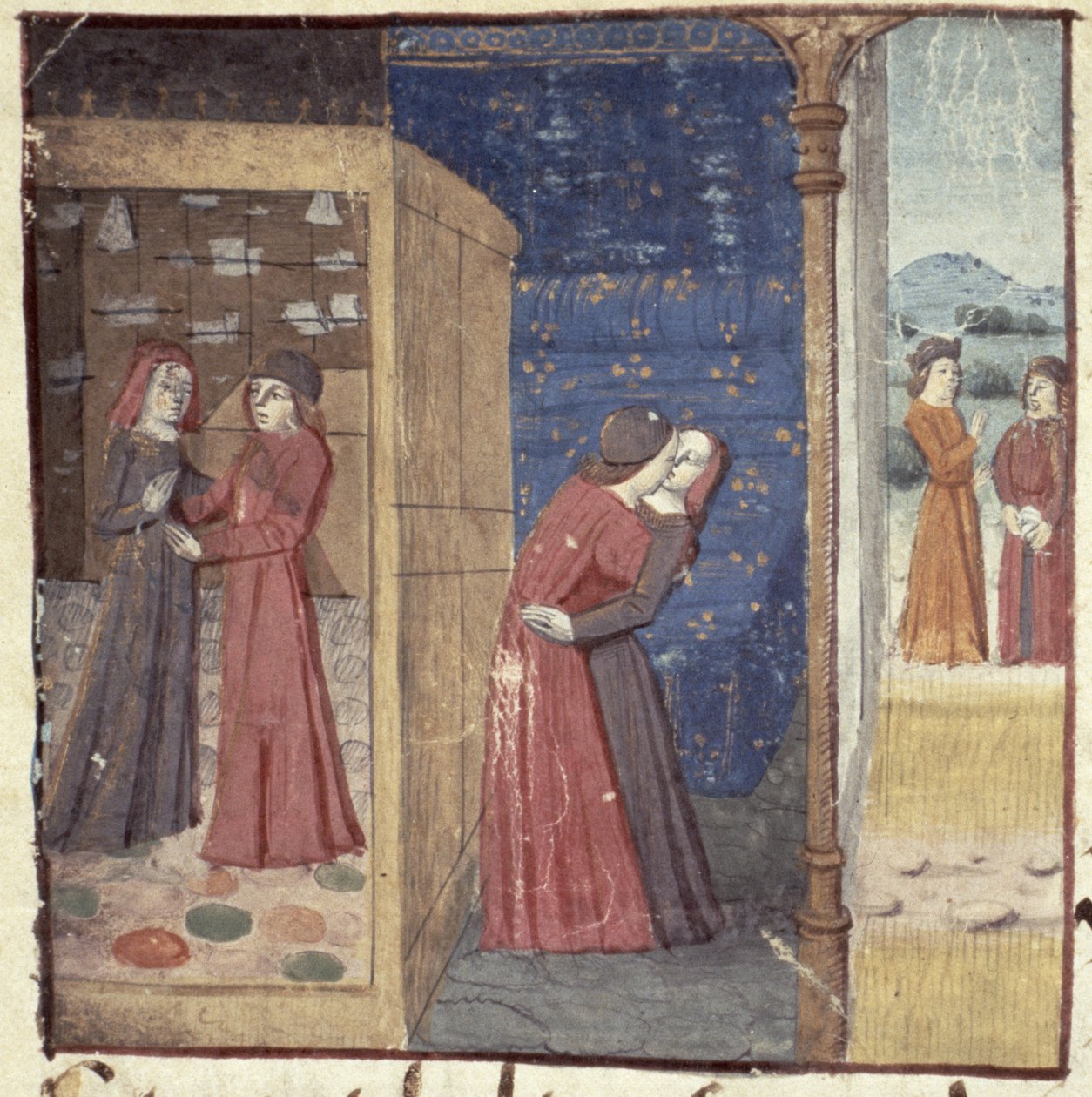 Sra. Hunter 252 f.27v Kissing, da notícia de notícias de cem, 1462 de French School