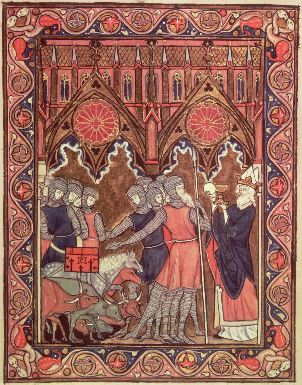 Ms Lat 10525 fol.6 Abraão apresenta seus prisioneiros e seu saque a Melquisedeque, do Saltério de São Luís, c.1258-70 de French School