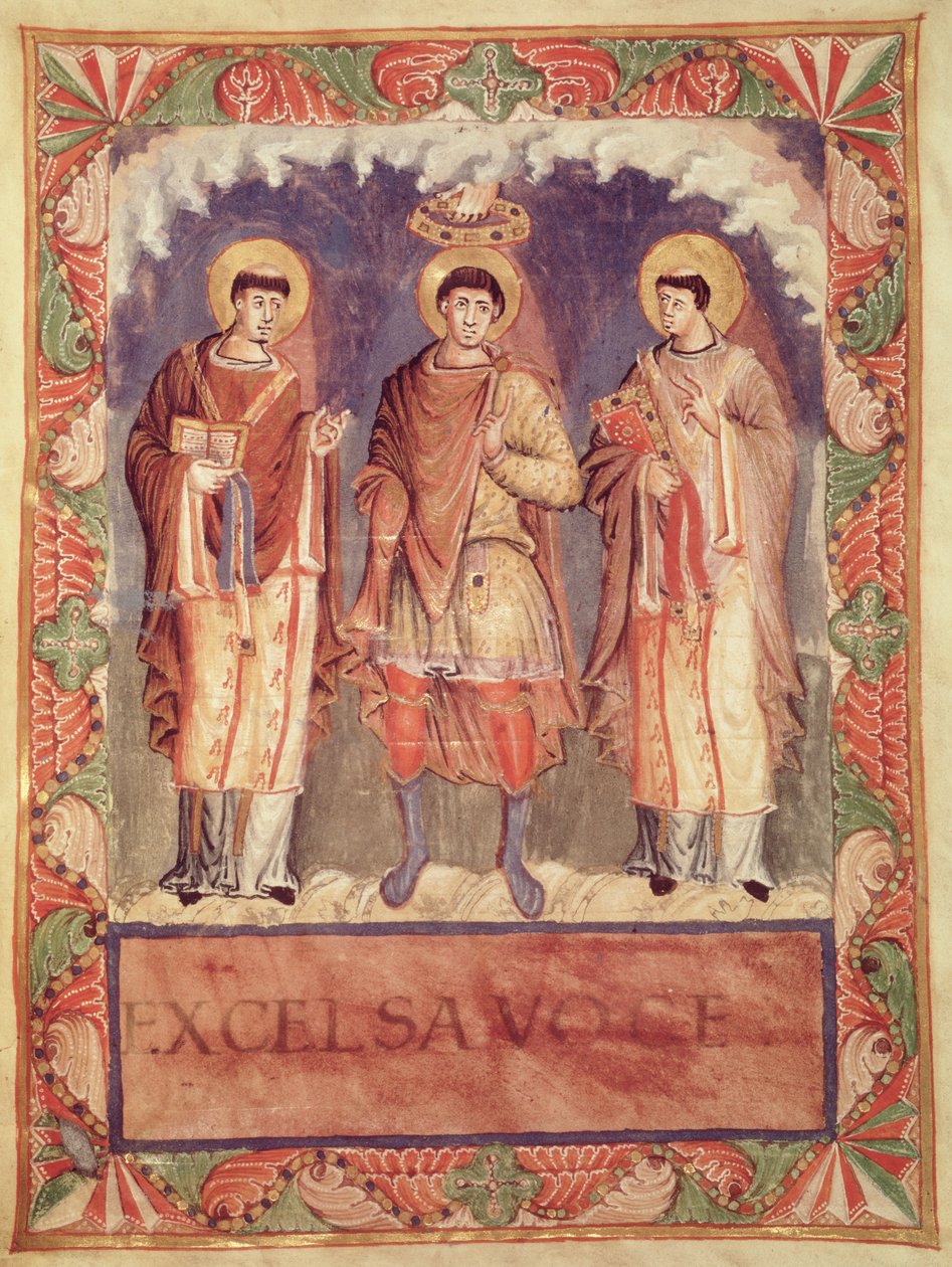 Ms Lat 1141 fol.2v A Coroação de Carlos II (823-877) com os Arcebispos de Reims e Treves, do Sacrário de Metz (ver também 159999) de French School