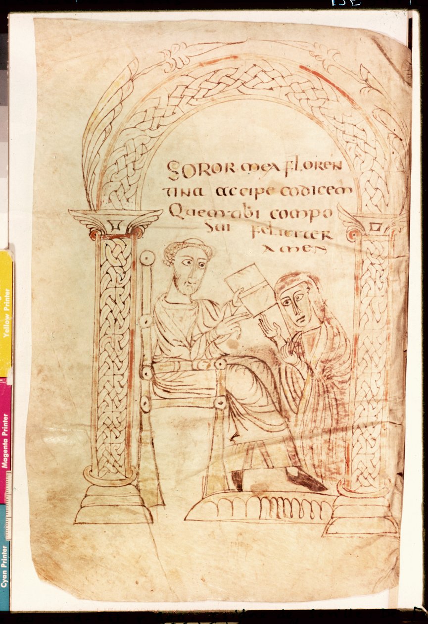 MS 13396 fol.1r Isidoro oferece seu trabalho para sua irmã Florença, a partir da fé do Antigo e do Novo Testamento contra os judeus por Isidoro de Sevilha (c.560-636) c.800 de French School