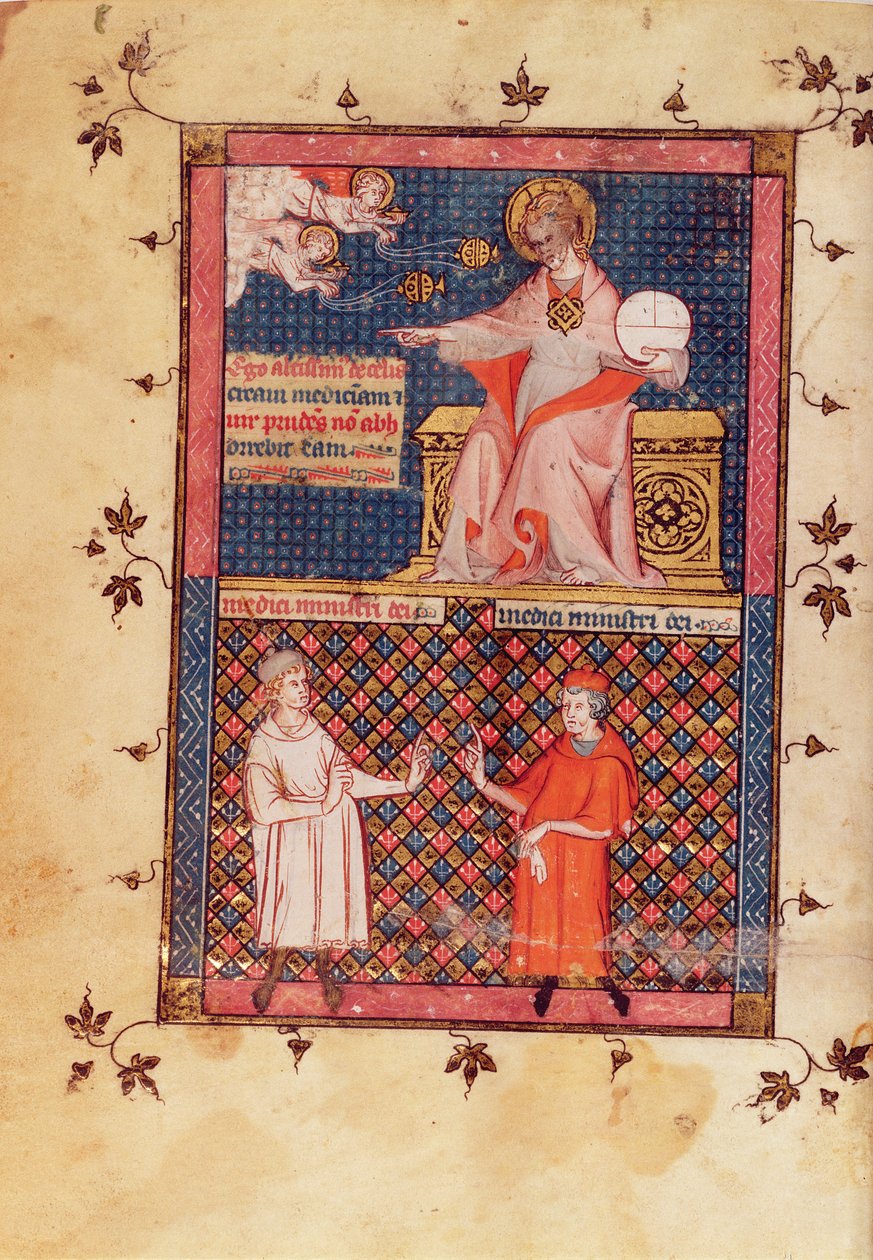 Senhora Lat 14023 fol.1v Deus criando medicina e dando conhecimento aos doutores, do Cânon de Medicina por Avicena (Ibn Sina) (980-1037) traduzido por Gerard de Cremone (1114087) c.1320 de French School
