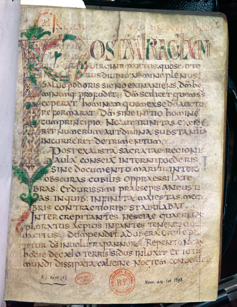 Sra. Lat 1598 Fol.1 Zoomorphic historiated P inicial, de um trabalho por Santo Agostinho (354-430) de French School