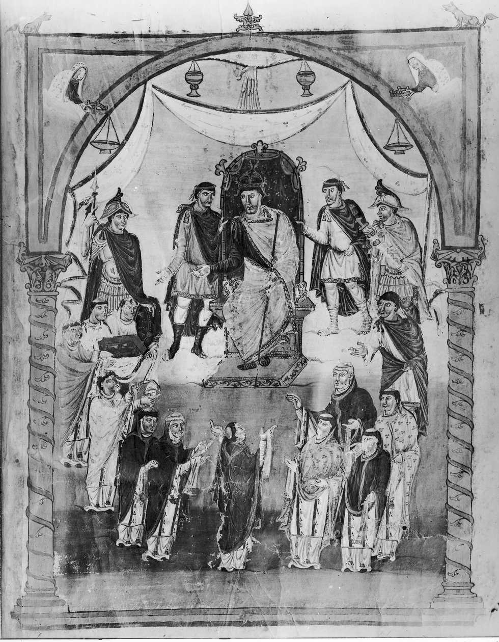 Sra. Lat 1 fol.423r Rei Charles II (823-877) Recebendo uma Bíblia do Conde Vivian e dos Monges de Saint-Martin de Tours, da Primeira Bíblia de Carlos, o Calvo, c.843-51 de French School