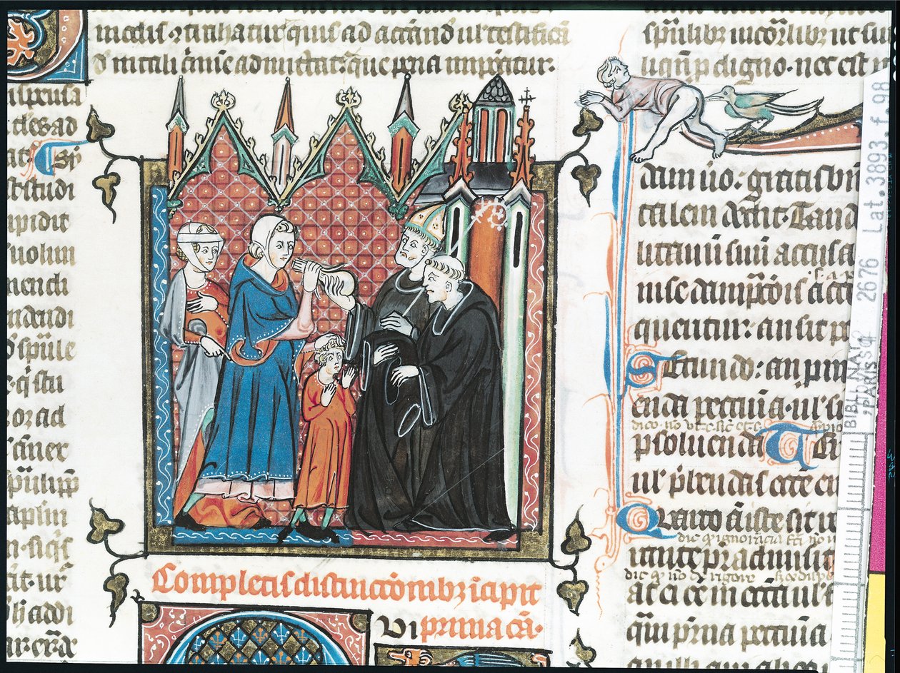 Ms Lat 3893 Fol.98 Pais oferecendo um bispo dinheiro para levar seu filho para a abadia, 1314 de French School