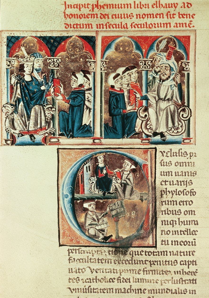 Senhora Lat. 6912 fol.1v Um estudioso judeu apresentando uma tradução de um tratado árabe para Philippe dAnjou de French School