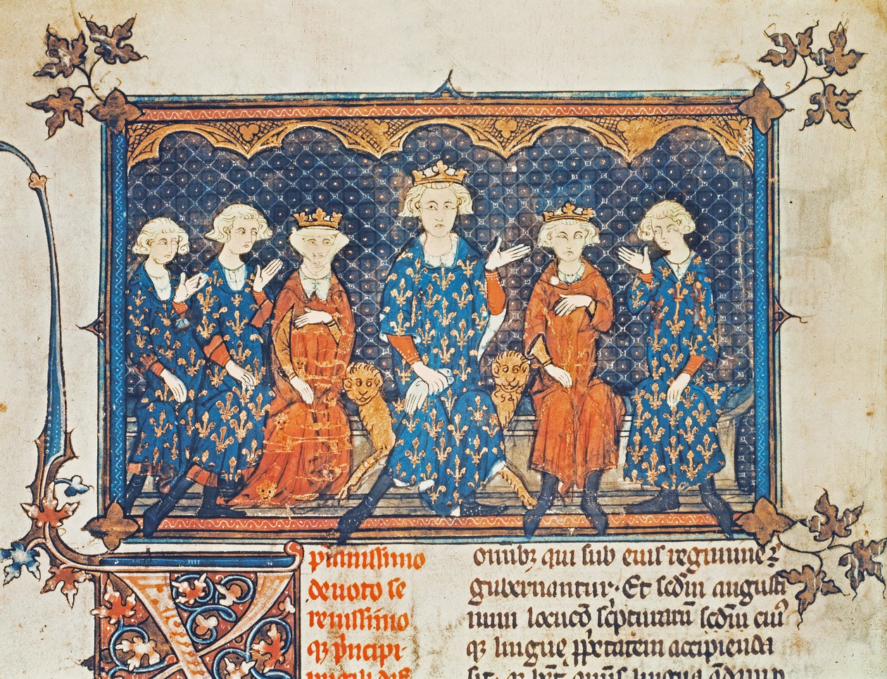 Ms Lat 8504 f.1v Filipe IV (1268-1314) da França com seus quatro filhos e irmão Charles de Valois de French School