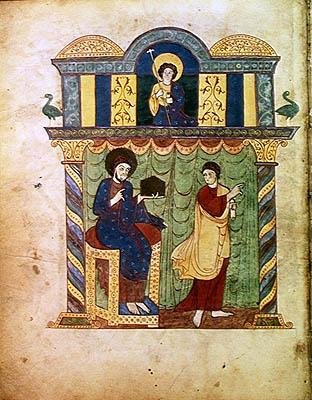 Ms Lat 8878 fol.1v Jesus apresentando o evangelho a São Mateus, de um Comentário sobre o Apocalipse do monge asturiano Beato de Liebana (c.776) c.1028-72 (vellum) de French School