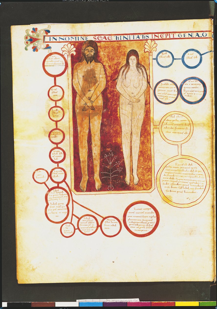 Lat. Lat. 8878 fol.5v Adão e Eva e a Genealogia de Cristo, de um Comentário sobre o Apocalipse, do monge asturiano Beato de Liebana (c. 776) c.1028-72 de French School