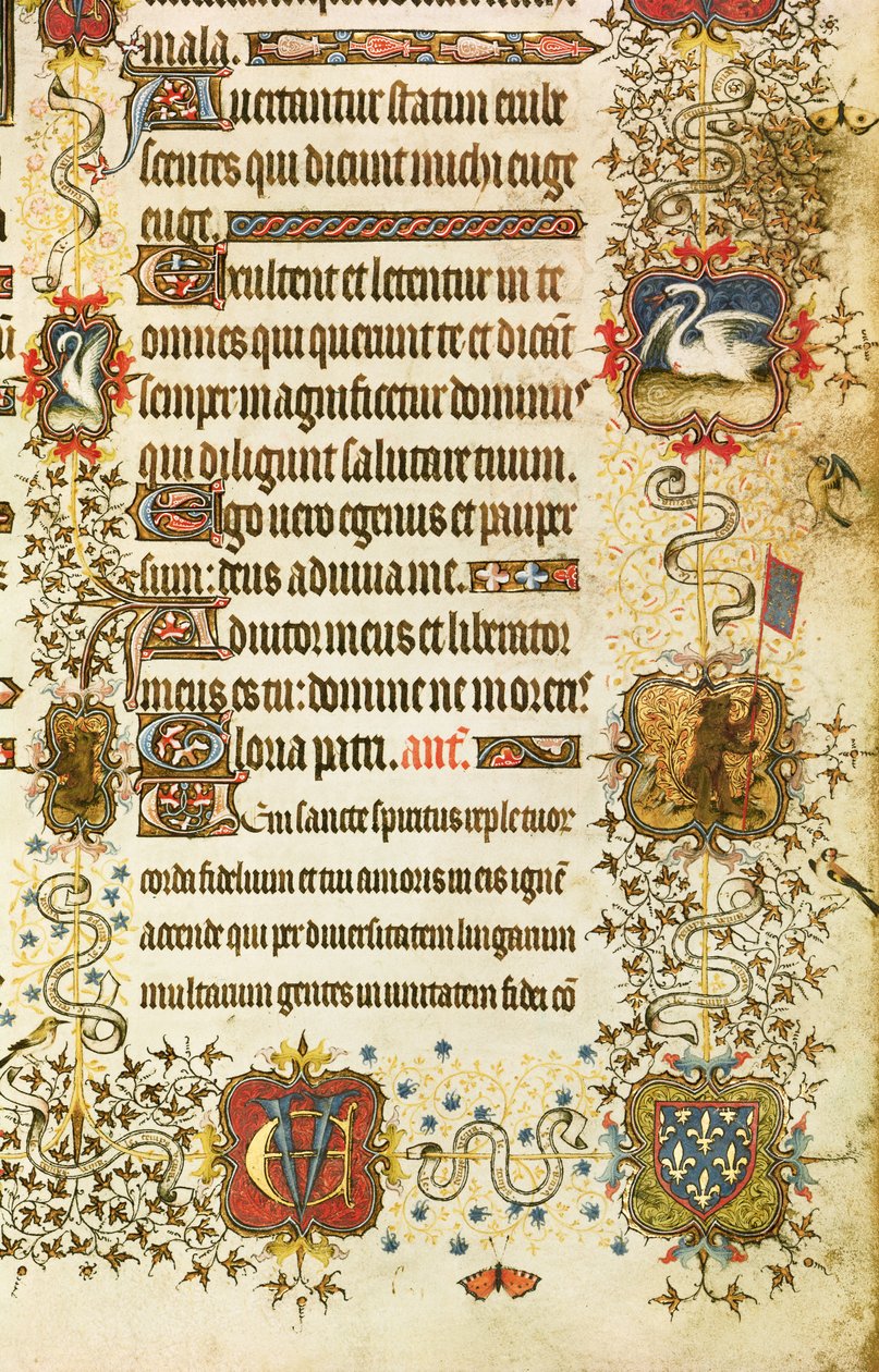 Lat 919 fol.96 Detalhe dos brasões e decoração animal, de St. Peter Leading Jean de France (1340-1416) Duque de Berry ao Paraíso, das Grandes Heures de Duc de Berry de French School