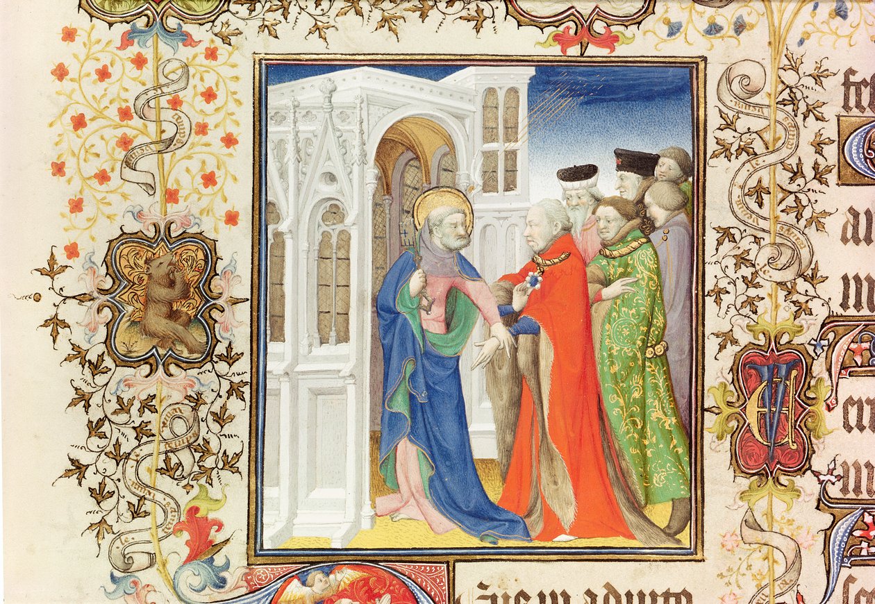 Sra. Lat 919 fol.96 São Pedro Liderando Jean de France (1340-1416) Duque de Berry para o Paraíso, das Grandes Heures de Duc de Berry, 1409 (ver também 159985 e 30908) de French School