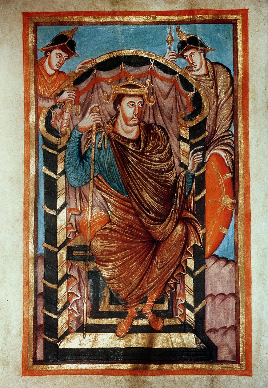 Ms Latim 266 fol.1v Lothair I (795-855) Enthroned, dos Evangiles de Lothaire, c.840-851 de French School