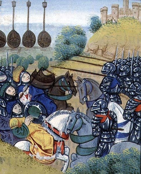Sra. Roy 20 C IX f.278v vitória húngara sobre os turcos com a frota turca ao fundo, por Jean Chartrier, finais do século XV, da 