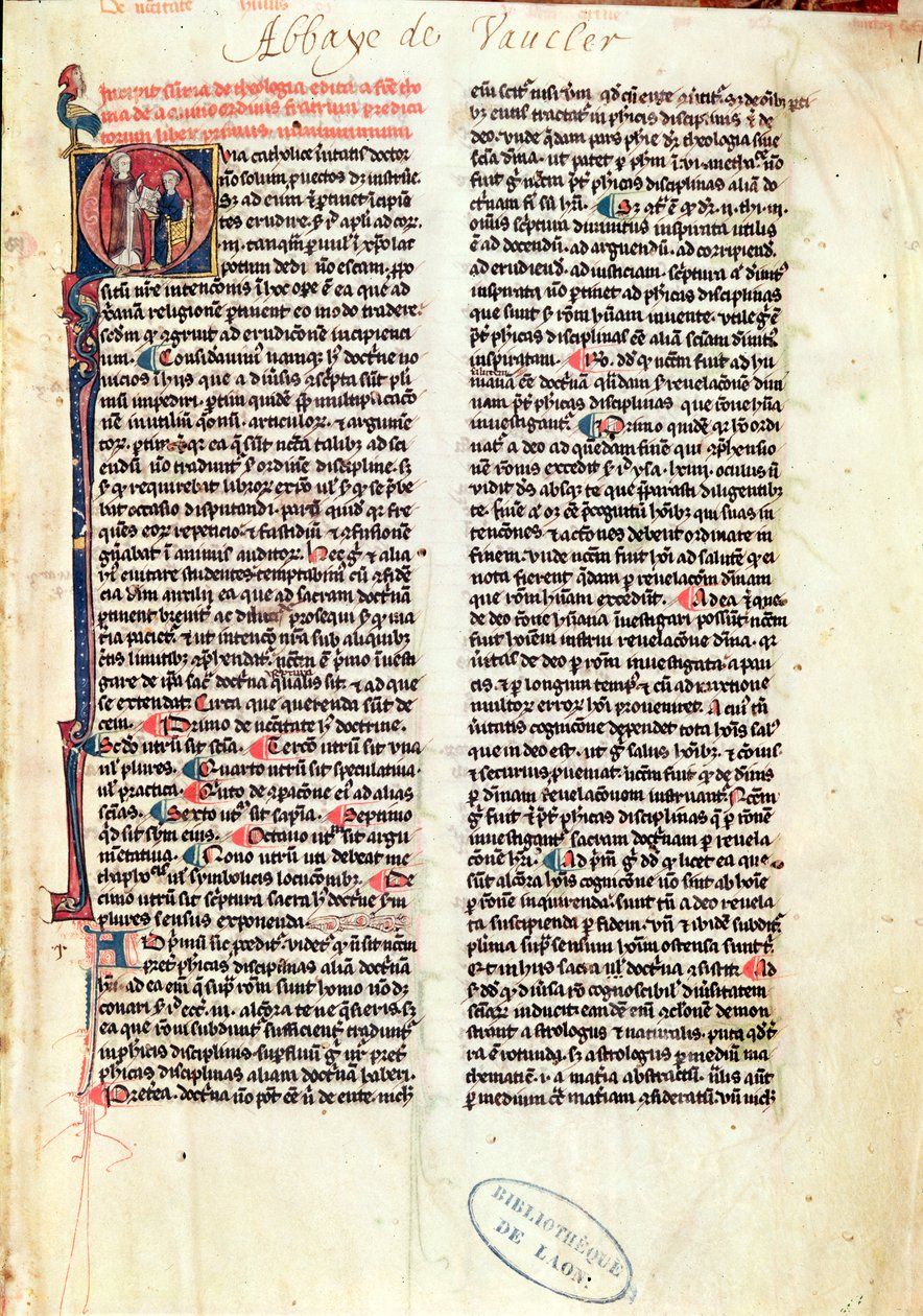 Ms de Vauclair 160 Fol.1 Página da Teologia Summa de São Tomás de Aquino (1225-74) de French School